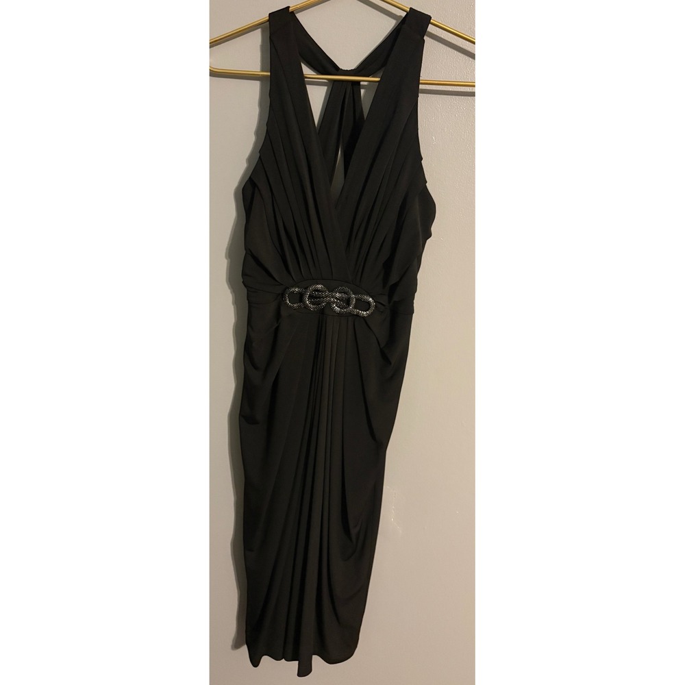 London Style Night Black Ruched Rhinestone Cocktail Dress Size 6 Crisscross Back